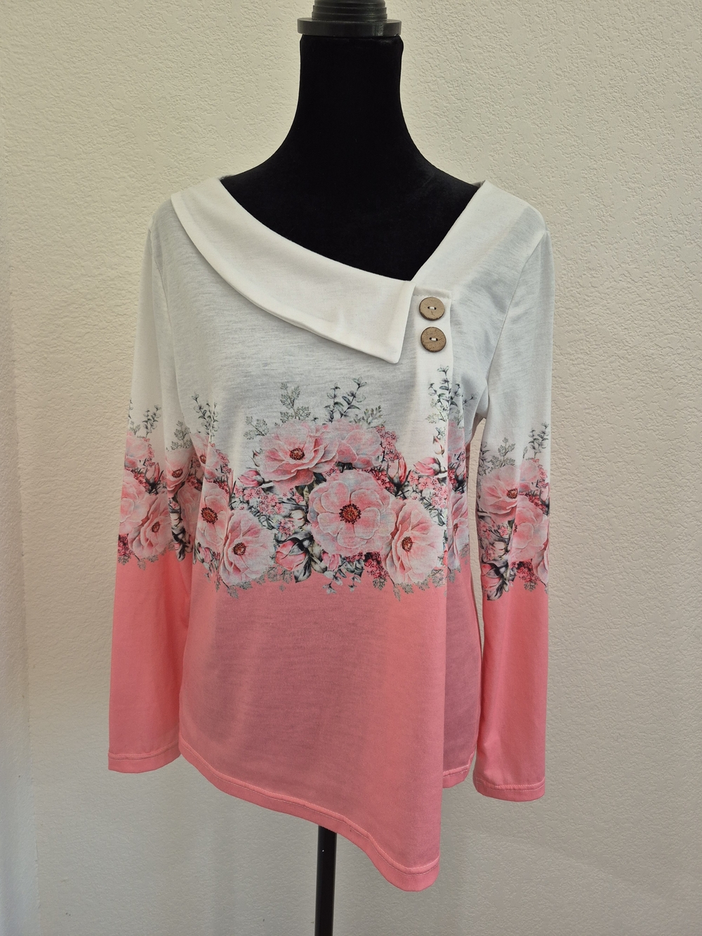 Floral Asymmetric Collar Long-Sleeve Top - Pink/White